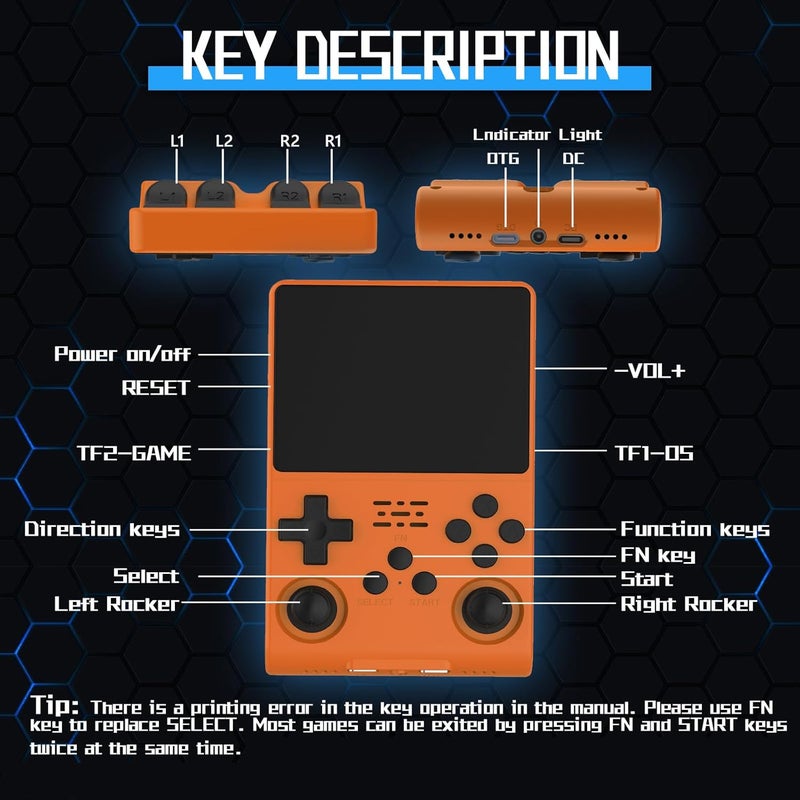 FVBADE [30000 in 1] R40S PRO Handheld Game Console 3.5 inch IPS Screen Mini Retro Console 3800mAh Portable Pocket Arcade 45+ Mainstream Emulator 256G TF Card Transparent.(Orange) - Image 5